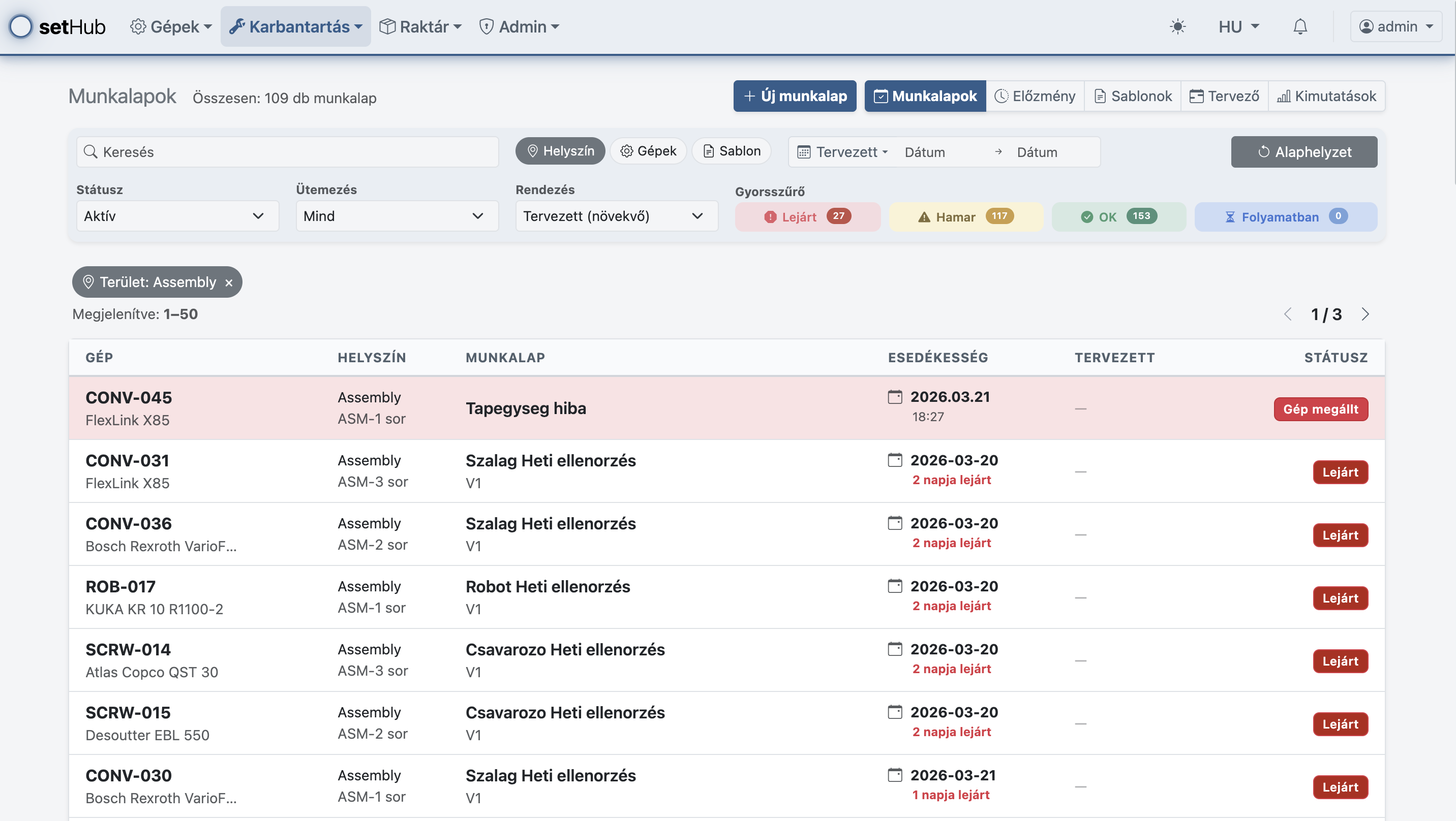 Karbantartási feladatok listája
