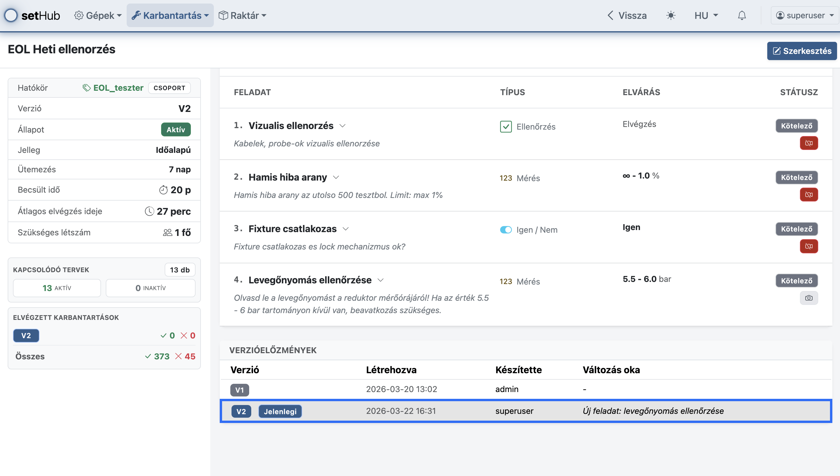 Karbantartási sablon szerkesztése