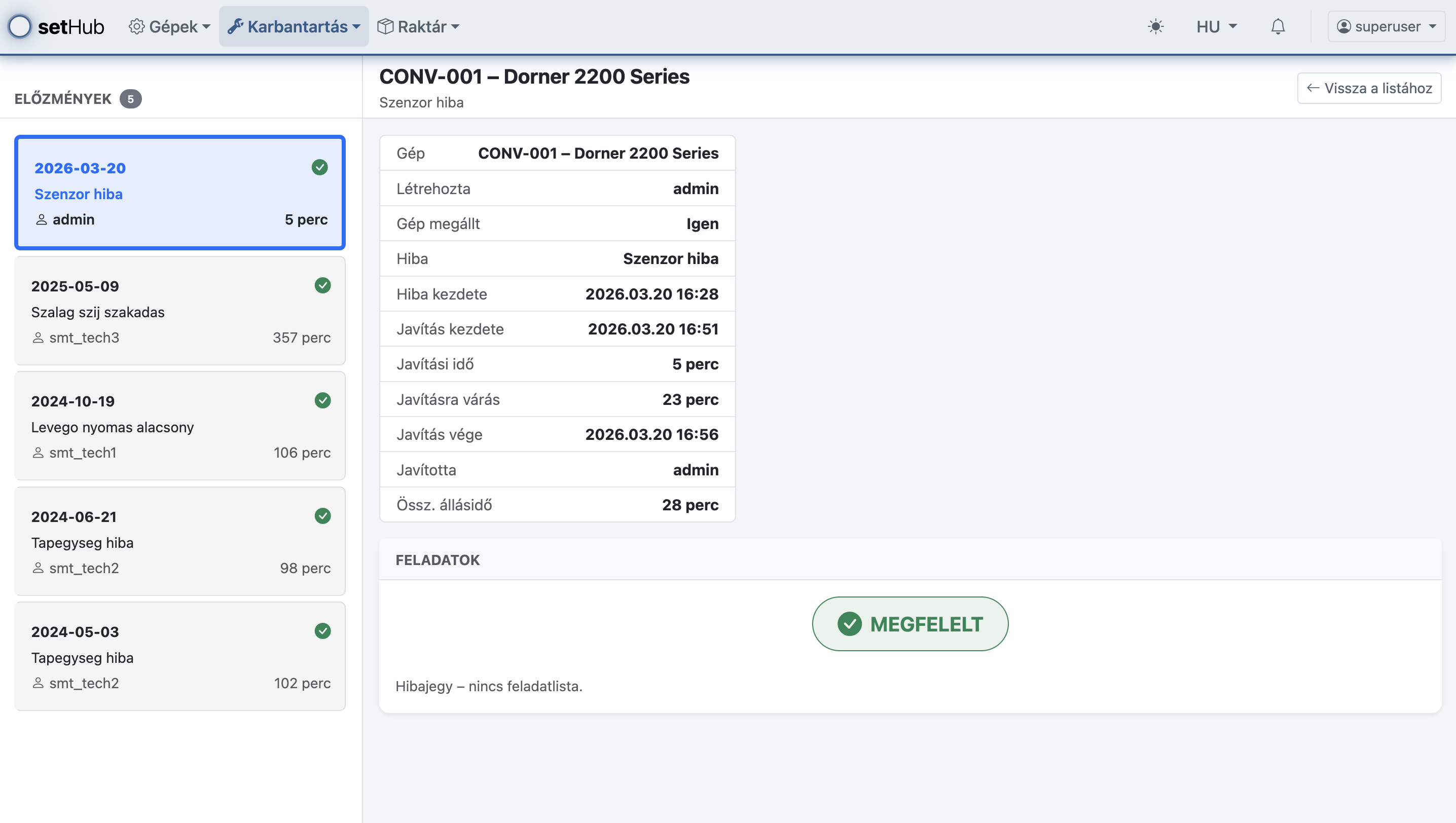 Lezárt hibajegy mobil nézetben
