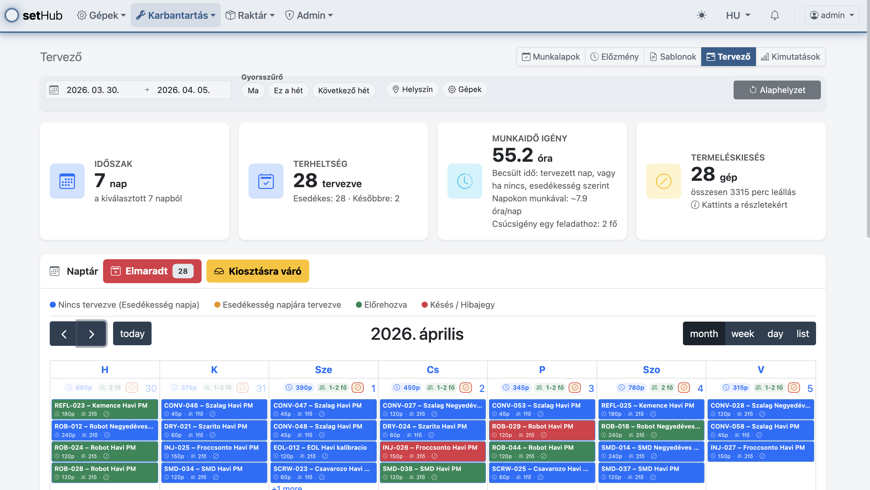 Tervezett karbantartás naptár nézete